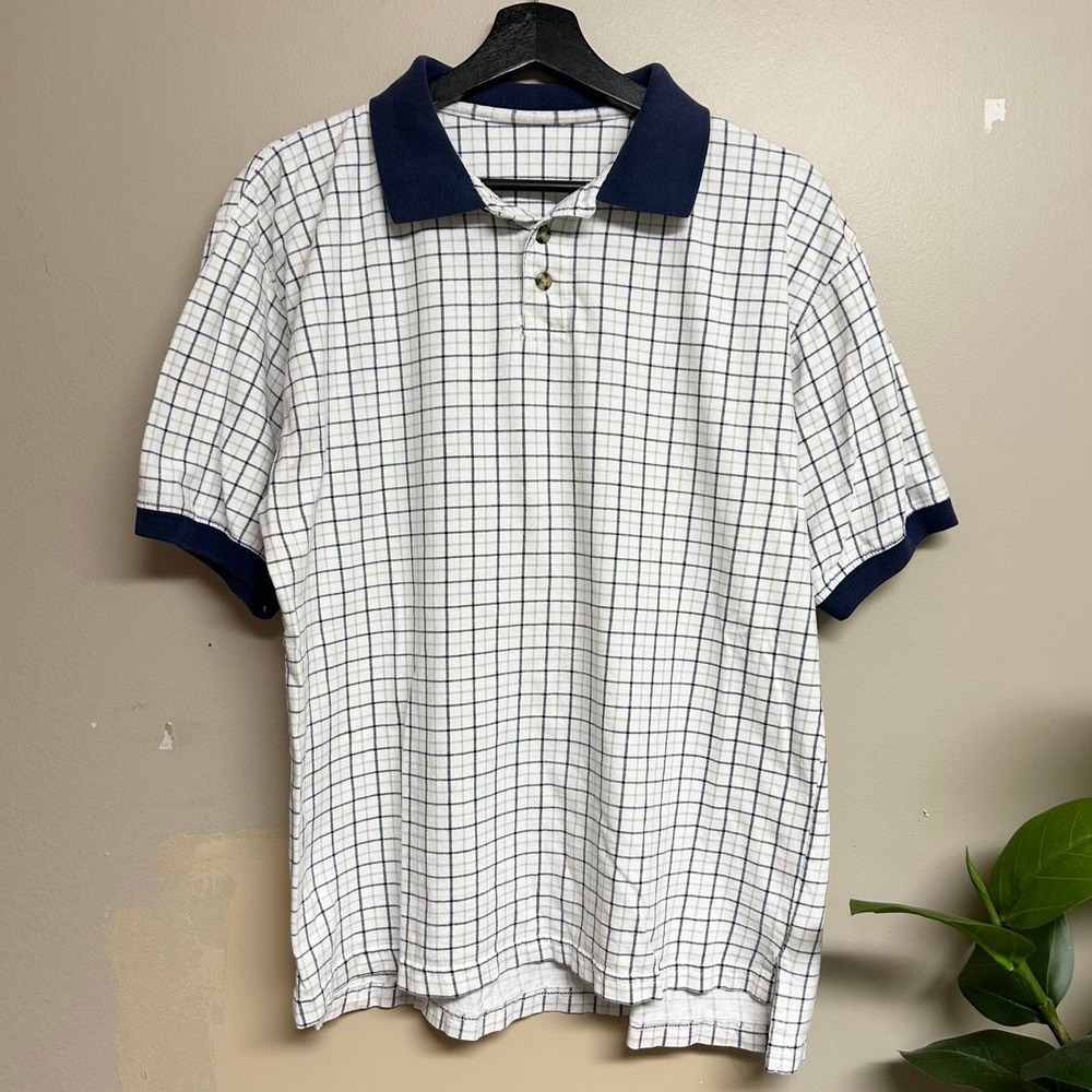 Vintage 90s White Navy Checkered Polo Shirt Mens Medium Retro Streetwear